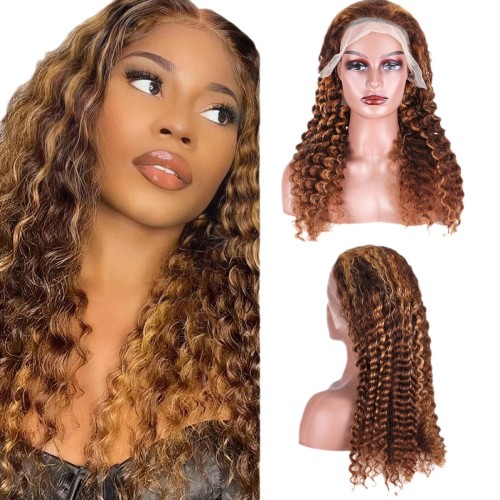 4/27 DEEP WAVE 13*4 Human Hair Wig Lace Cap Highlight Piano Color