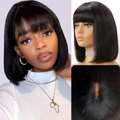 Short Bob Wig With Bangs Brazilian Remy Human Hair Wigs 1x3