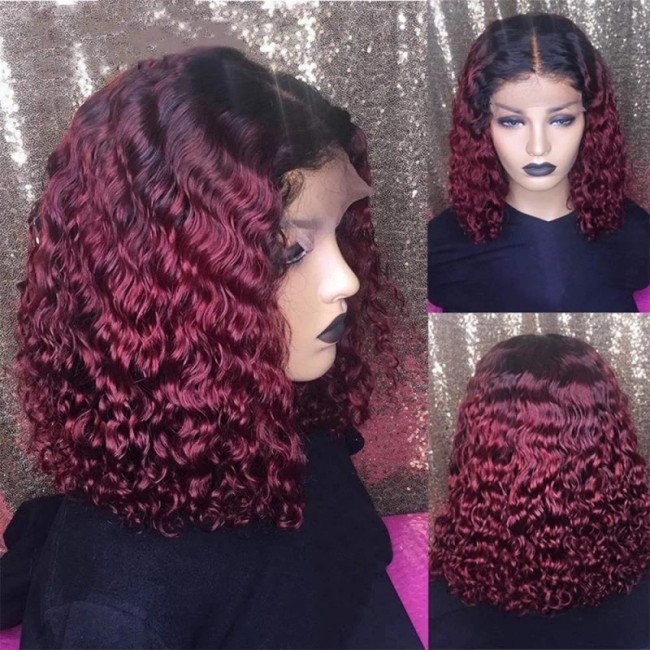 12A Human Hair 1B/99j Red Curly Bob 13*4 Lace 200% Density