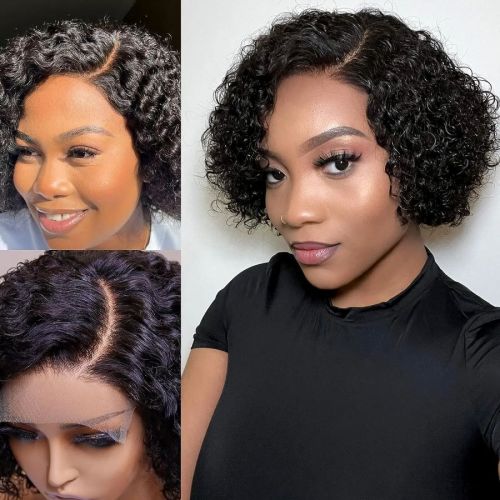 Brazilian 13*4frontal pixie curly Human Hair  Water Wave wig