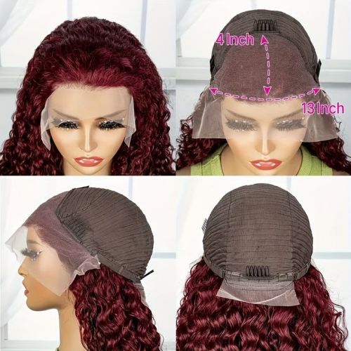 13*4 full human hair high-definition transparent lace wavy curly hair in wine red, popular in foreign trade and Europe and America, available in stock in Xuchang