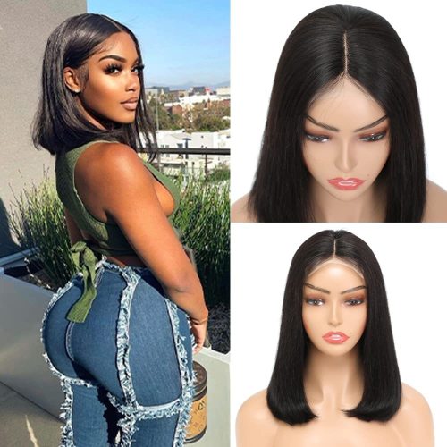 European and American wigs made of real human hair, T-part lace straight hair bob wig, real human hair headpiece, cross-border wholesale