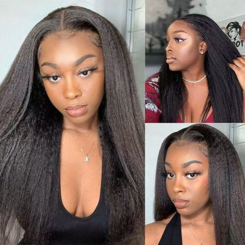 Kinky straight wig for women, black yaki fluffy long hair, real human hair wig
