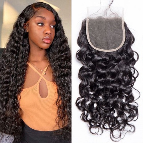 4*4 closure HD Transparent lace water wave human hair wig