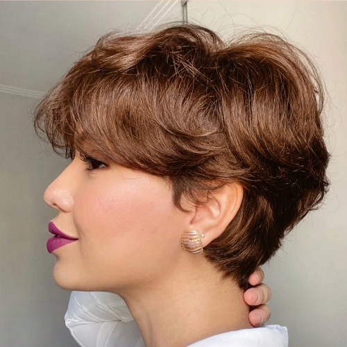 Pixie Cut Glueless Wig With Bangs European and American Real Human Hair Wig Short Brown