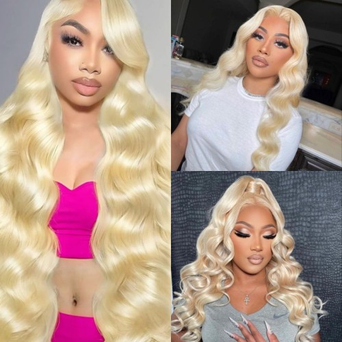 Real human hair wig 613 body wave 13*4 golden human hair wig with large lace