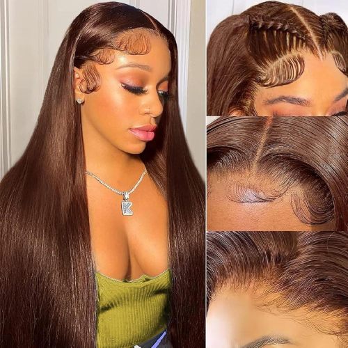 Front lace wig, cross-border European and American human hair wig, brown long straight hair, wholesale full wig, best-selling model