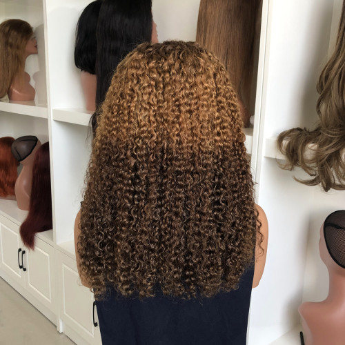 250% density jerry curly human hair wig with front lace and highlights in brown color