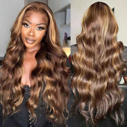 13X4 European and American new style women's wig, dyed lace, black to brown-yellow gradient, long curly hair cap