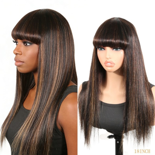 Real human hair Highlight Ombre 1B/30 Black Brown straight with bangs