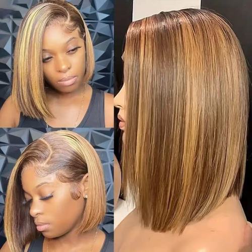 European and American fashion piano-colored highlights straight hair wig, real human hair bobo wig, full lace front wig 4