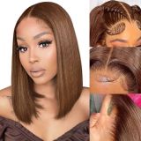 European and American fashion brown wig, bob cut, middle-parted short straight hair, real human hair wig, popular in foreign trade, front lace wig