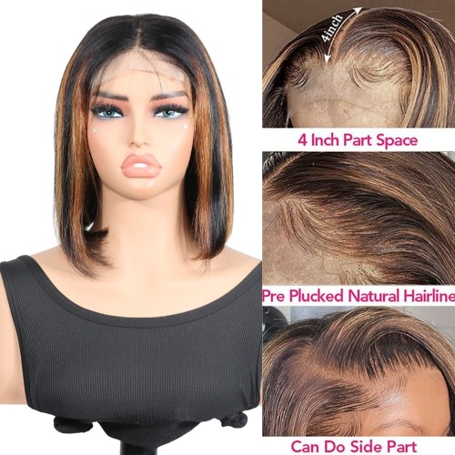 European and American short hair wigs made of real human hair 4X4 Lace Front Bob Highlight 1B30 Wigs