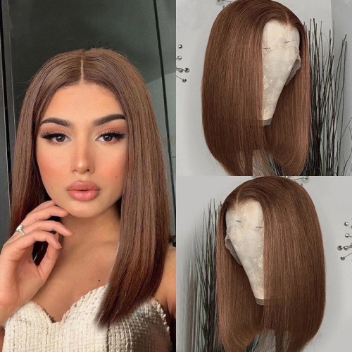 10A Brazilian Brown 4# Bob With 13*4 Frontal 200% Density