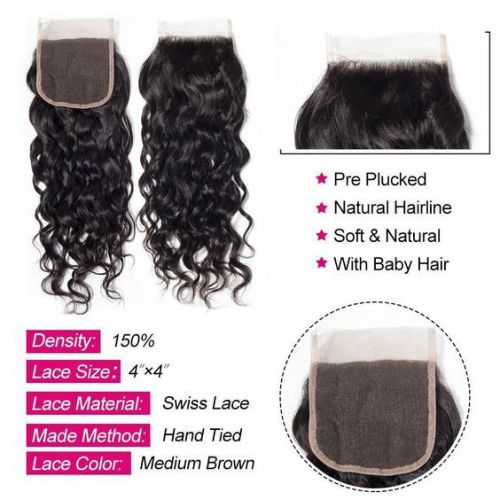 4by4 water wave closure Transparent brown lace hair is now in stock