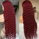 13*4 lace frontal 99J deep wave real human hair wig headpiece cross-border wholesale burgundy