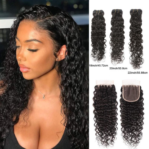 Cross-border real human hair Water Wave 3 Bundles With 4X4 Closure Human Hair