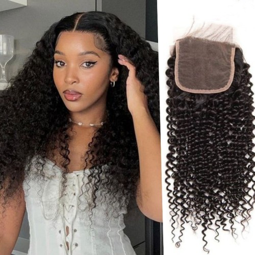 4*4 HD Transparent lace kinky curly closure human hair