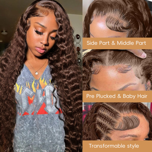 13x4 deep wave lace front wig, chocolate brown, curly front, long curly hair