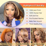 Human hair wig, middle parting, 4/27 brown-gold color, 13X4 front lace BoBo style wig