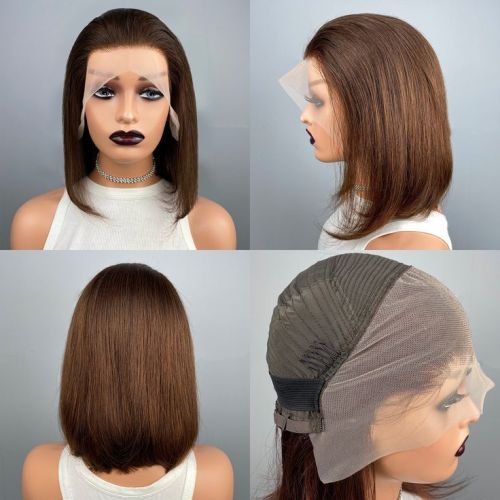 European and American fashion brown wig, bob cut, middle-parted short straight hair, real human hair wig, popular in foreign trade, front lace wig
