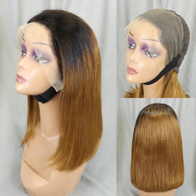 Bone Straight Lace Frontal Wig Short Bob 1b/30 Human Hair