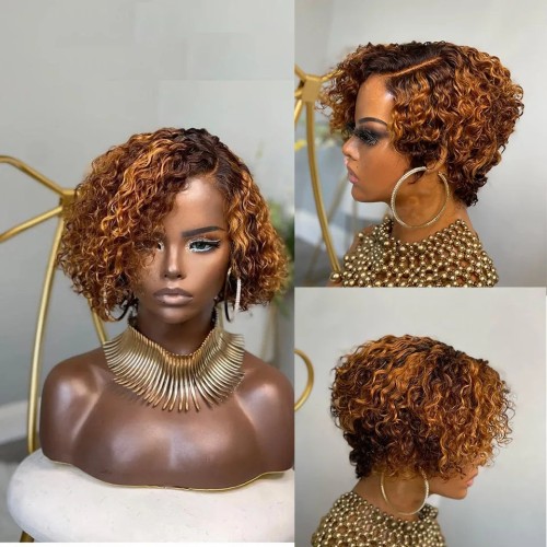 Ombre Brown Curly Human Hair Wig Glueless Ready To Wear 13x4