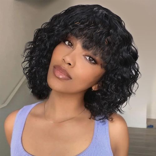 European and American wigs made of real human hair with bangs, machine-made deep bob, fashionable curly hairpieces for women, cross-border wholesale