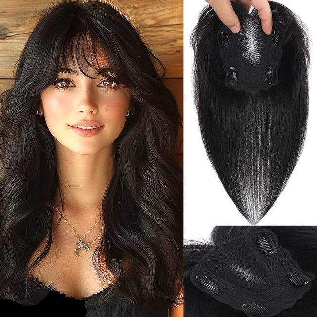 Real hair butterfly-shaped Swiss mesh hairpiece with middle-parted bangs, semi-hand-woven, breathable and lightweight, for foreign trade and cross-border wholesale