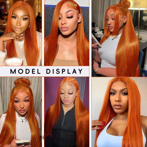 European and American orange long wig, real hair wig, African lace front wig, wholesale