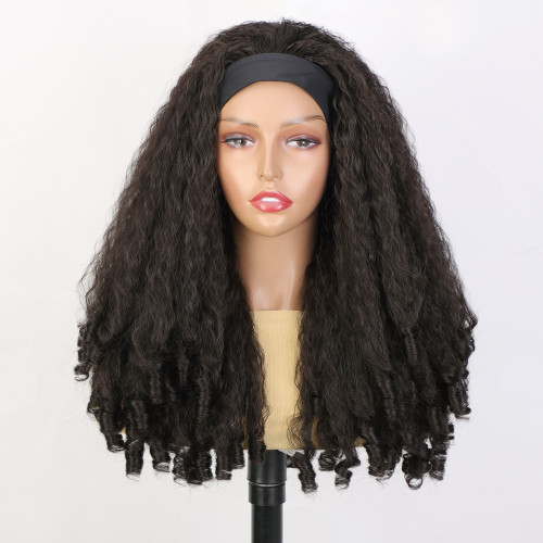 African small curly synthetic fiber wig headband with screw curls and yaki clips