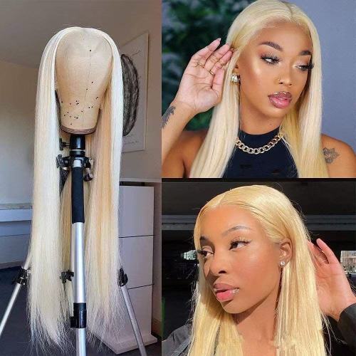 Foreign trade wig European and American 13*4 hand-woven front lace human hair wig 613#Middle-parted long straight hair, direct from the manufacturer
