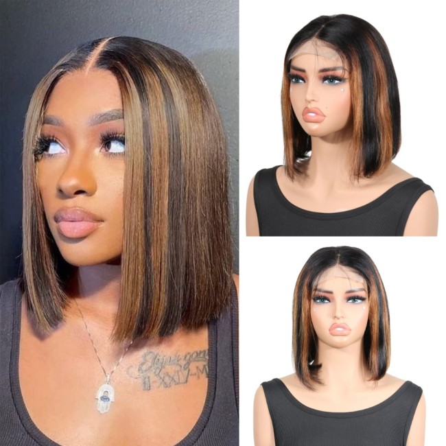 European and American short hair wigs made of real human hair 4X4 Lace Front Bob Highlight 1B30 Wigs
