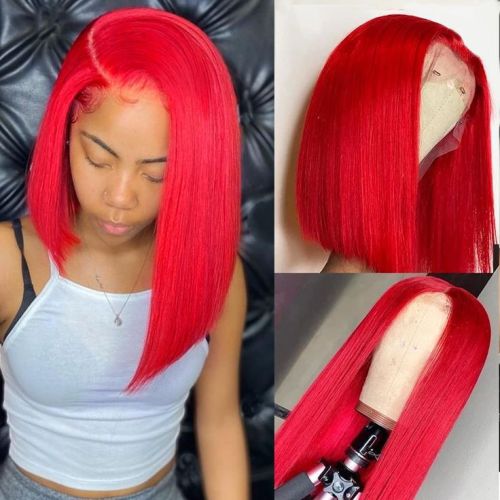 13*4 HD transparent lace red bright red bob short hair, popular in Europe and America, available for delivery from Xuchang