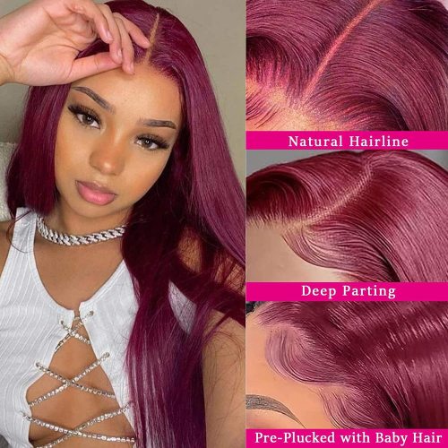 Cross-border European and American lace human hair wig, burgundy long straight, hot-selling 99J, direct from manufacturer