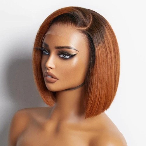 13*4 bob wig made of real human hair, brown and burgundy color