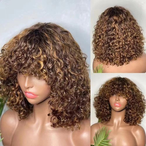 12AVietnamese hair HighlightWater curlyPiano fringebangs wig