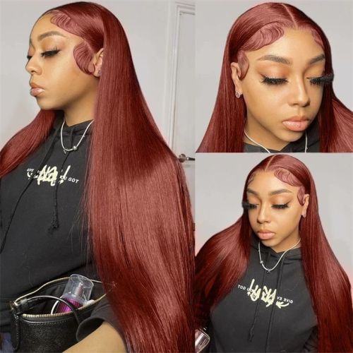 13*4 HD Transparent Lace Red-Brown 33#Front lace full human hair wig is a hot seller in Europe and America