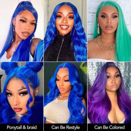 Blue long straight European and American human hair wig, full head cover, fashionable and popular, in stock, can be permed and dyed, with bangs