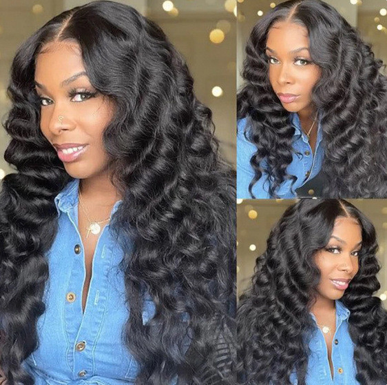 13*4 lace human hair wig deep wave headpiece cross-border European and American black long curly hair in stock from manufacturer