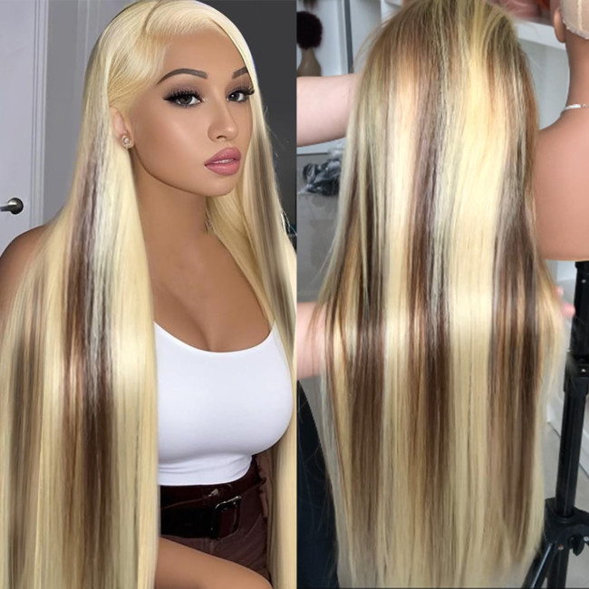 Human hair lace wig 13x4 lace4/613# Front wig, long straight hair, light golden gradient, cross-border