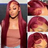Cross-border European and American lace human hair wig, burgundy long straight, hot-selling 99J, direct from manufacturer