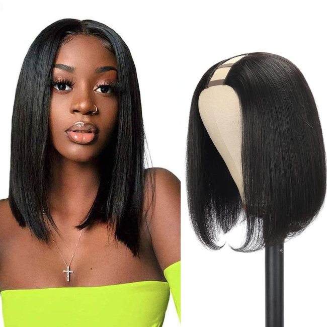 U-part bob straight wig, natural color, real human hair bob wig, available for cross-border delivery