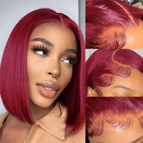 Xuchang real human hair wig, burgundy BOB wholesale full head short straight hair wig, best-selling model