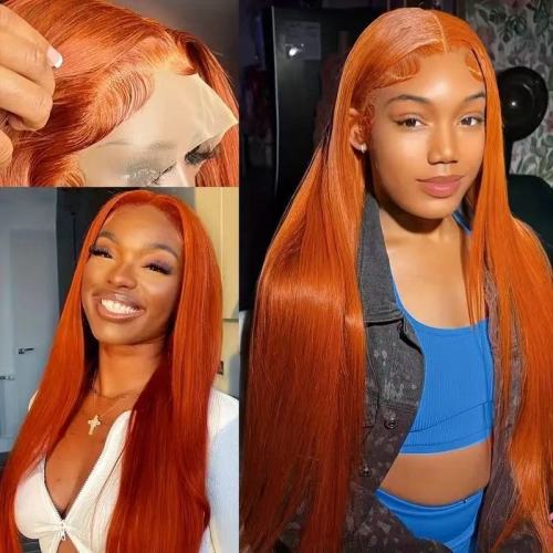 European and American orange long wig, real hair wig, African lace front wig, wholesale