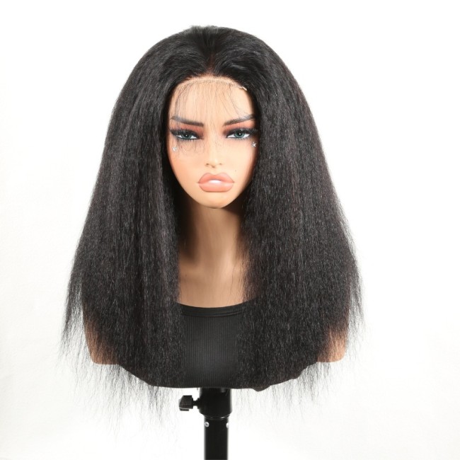 European and American wigs made of real human hair, 4x4 front lace, kinky straight wigs, glue-free, cut-to-fit, cross-border