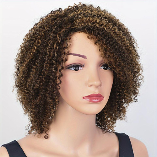 afrokinkycurly4/27 wig made of real human hair, side-parted cap, real human hair strands, can be permed and dyed, with straight bangs