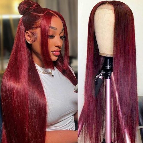 Cross-border European and American lace short hair wigs wholesale, full head set, burgundy long straight hair, hot selling