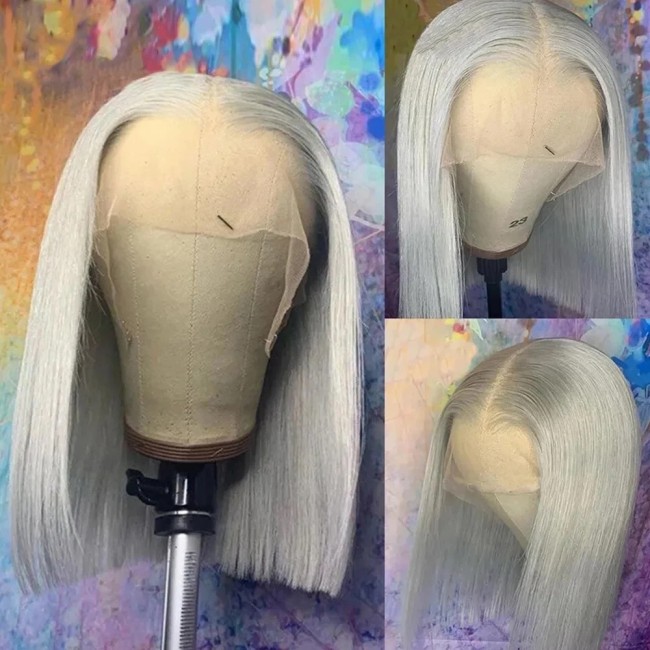 Grey Wigs BOB Hair Gray Human Hair Straight 13*4 Lace Front