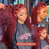 99j deep wave human hair wig, cross-border hot-selling front lace human hair wig in burgundy color